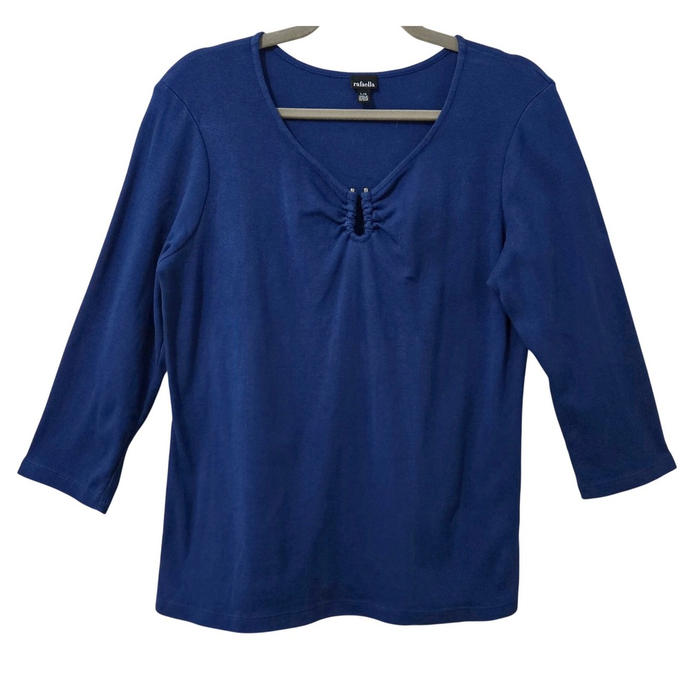 Rafaella Classic Chic Royal Blue L Top Cotton Ribbed V-Neck 3/4 Sleeve Keyhole‎